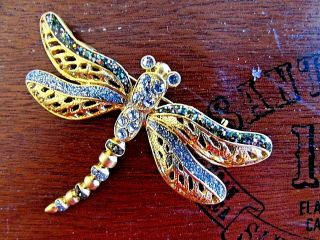 Vintage Dragonfly Multi Colored Rhinestone & Glitter Gold Tone Brooch Pin 2 3/4 "