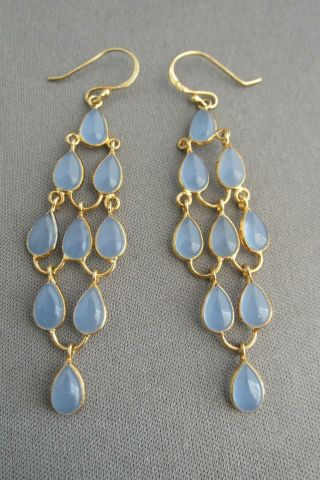 Vintage Gold Wash Sterling Cabochon Tear Drop Glass Chandelier Pierced Earrings
