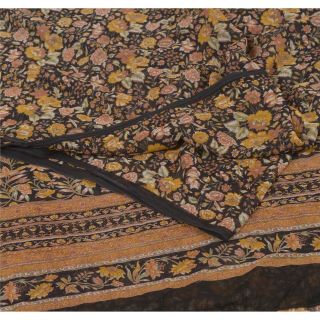 Sanskriti Vintage Black Saree Printed Georgette Sari Craft Decor 5 Yd Fabric