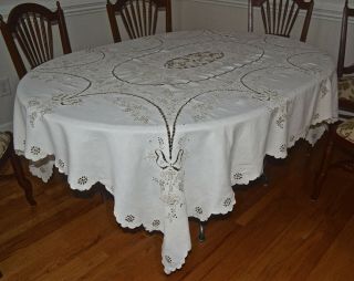 Vintage Linen Embroidery Cut Work Tablecloth 65x81