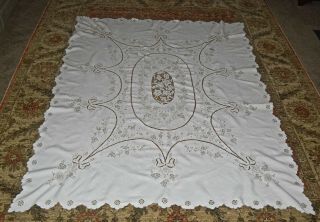 Vintage Linen Embroidery Cut Work Tablecloth 65x81 2