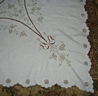 Vintage Linen Embroidery Cut Work Tablecloth 65x81 3