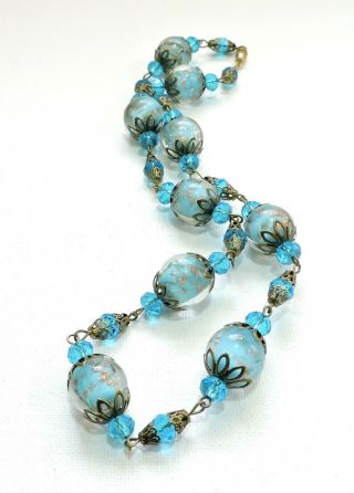 Vintage Blue & Gold Sommerso Lampwork Art Glass Bead Necklace Jn19344