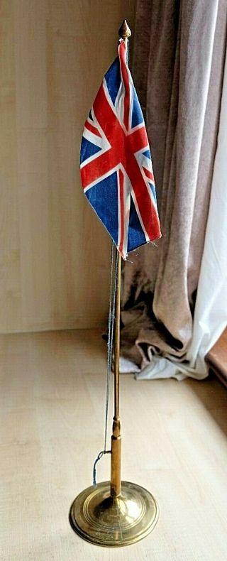 A Vintage Brass Desk Flag Pole & Union Jack British Flag