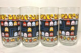Set Of 4 Vintage 1980 Pac Man Drinking Glasses Bally Midway 12 Oz Tumbler