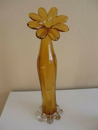 Vintage Amber To Clear Hand Blown Glass Tall Bud Vase Flower Shaped Daisy 16 " T
