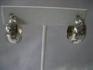 Estate Vintage Sterling Silver Hand Stamped Half Hoop Pierced Earrings