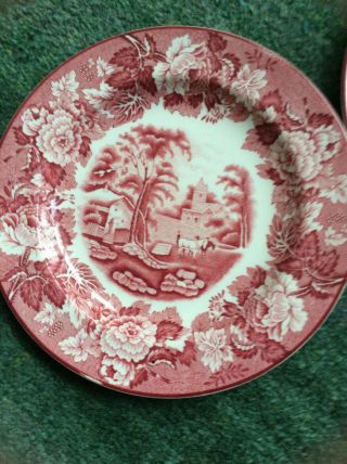 2 Vintage Enoch Woods Ware English Scenery Red Pink Transfer Plate 7”