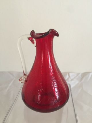 Ruby Red Crackle Glass Cruet Mini Ewer West Virginia Art Glass Vintage Mcm