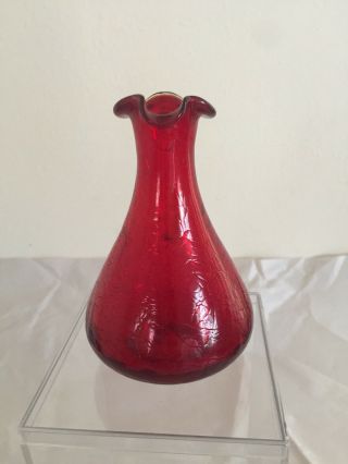 RUBY RED CRACKLE GLASS CRUET MINI EWER WEST VIRGINIA ART GLASS VINTAGE MCM 2