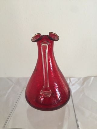 RUBY RED CRACKLE GLASS CRUET MINI EWER WEST VIRGINIA ART GLASS VINTAGE MCM 3