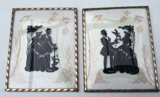 2 Vintage Reverse Painted Convex Glass Silhouette Scene Of A Victorian Couple