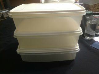3 Vtg Rubbermaid Servin Saver 7 Large Rectangular Containers Almond Lids 17 Cup
