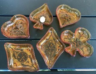 6 Vintage Amber Glass Tiara Diamond Spade Club Ashtrays Nut Dishes