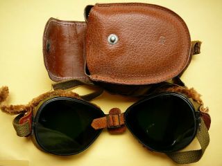 Wwii Vintage Fur Lined Pilot Goggles Military Ww 1 Style &case -