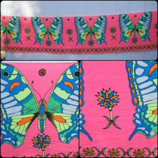 Vintage Barkcloth Fabric Crafting Pink Neon Psychedelic Butterfly 21 " X 106 "