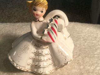 Vintage Ceramic Girl Figurine Holding A Candy Cane Christmas Tree - Japan