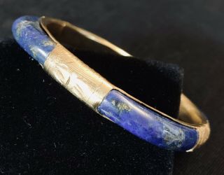 Vtg Lapis Lazuli Asian Gold Plate Hinge Bracelet Art Deco Bangle Clamper Natural