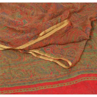 Sanskriti Vintage Red Saree Blend Georgette Printed Sari 5 Yd Soft Fabric Craft