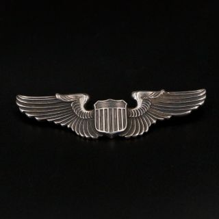 Vtg Sterling Silver - Wwii Pilot Command Wings Shield Brooch Pin - 17g