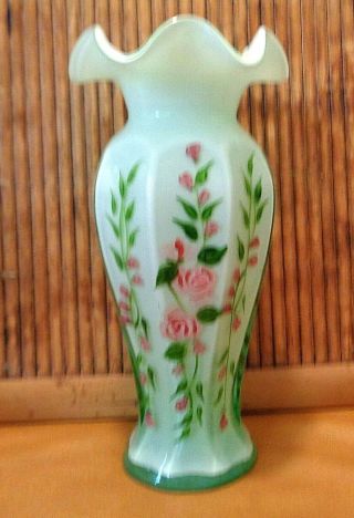 Vintage Fenton Green Cased Glass Vase / Ruffled Rim & Handpainted