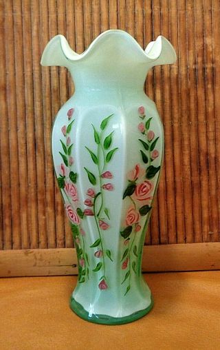Vintage Fenton Green Cased Glass Vase / Ruffled Rim & Handpainted 2