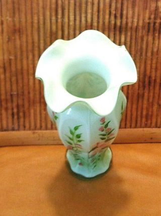 Vintage Fenton Green Cased Glass Vase / Ruffled Rim & Handpainted 3