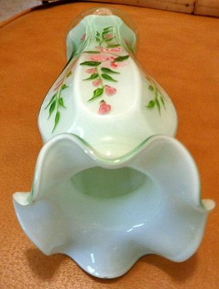 Vintage Fenton Green Cased Glass Vase / Ruffled Rim & Handpainted 4