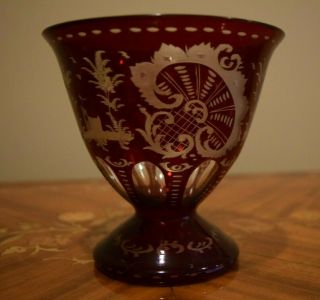 Vintage Egermann Bohemian Ruby Red Cut To Clear Glass Footed Bowl Deer Stag