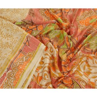 Sanskriti Vintage Cream Saree Printed Art Silk Craft Fabric Zari Border Sari