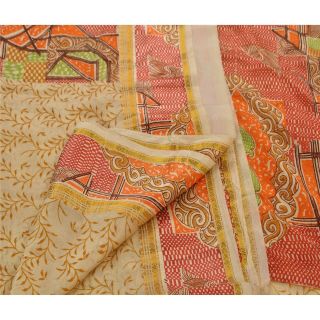 Sanskriti Vintage Cream Saree Printed Art Silk Craft Fabric Zari Border Sari 3
