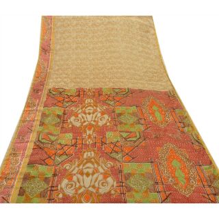 Sanskriti Vintage Cream Saree Printed Art Silk Craft Fabric Zari Border Sari 4