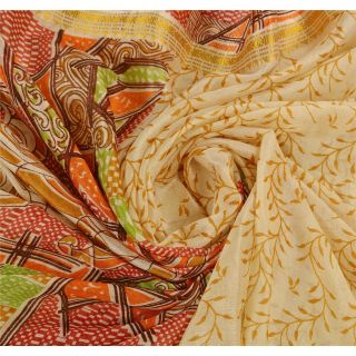 Sanskriti Vintage Cream Saree Printed Art Silk Craft Fabric Zari Border Sari 5