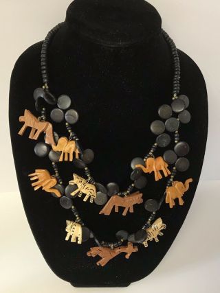 Vintage African Wood Carved Safari Animal Necklace Zebra,  Tiger,  Elephant