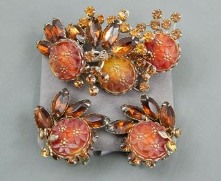 2 Pc Vintage Topaz & Amber Rhinestone Molded Glass Flower Brooch & Earring Set