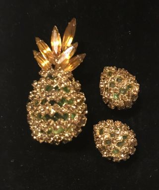 Vintage Alice Caviness Pineapple Rhinestone Faceted Glass Brooch Pin & Earrings