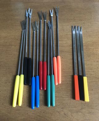 Vintage Fondue Forks Skewers Stainless Steel Colorful Plastic Handles Set Of 15