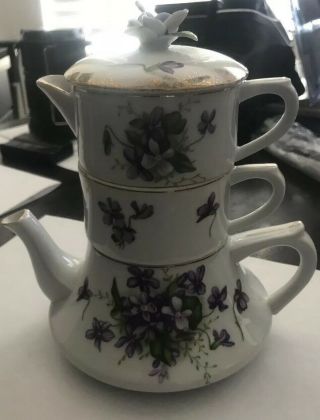 Vintage Stacking Tea Set With Violets & Gold Trim/ Rossetti Chicago Hand Painted
