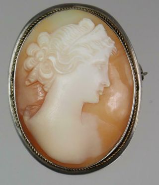 Lovely Vintage Art Deco 835 Silver Girl Carved Shell Cameo Pendant Pin Brooch