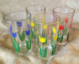 Set Of 4 Tulip Juice Glasses Swanky Swigs Red & Blue Flowers 4 " Tall Vintage