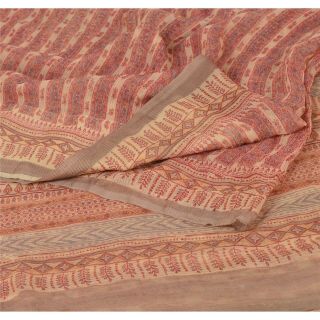 Sanskriti Vintage Peach Saree Pure Chiffon Silk Printed Sari Decor Craft Fabric