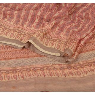 Sanskriti Vintage Peach Saree Pure Chiffon Silk Printed Sari Decor Craft Fabric 2