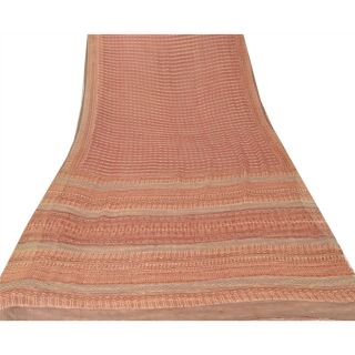 Sanskriti Vintage Peach Saree Pure Chiffon Silk Printed Sari Decor Craft Fabric 3