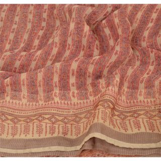 Sanskriti Vintage Peach Saree Pure Chiffon Silk Printed Sari Decor Craft Fabric 5