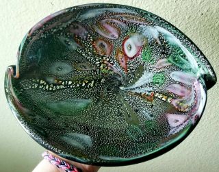 Vintage Murano Black Glass Ashtray Bowl Silver Flecks Confetti Tutti Frutti