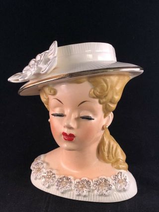 Vintage Rubens Originals Lady Head Vase W/ Closed Eyes & Wide Hat 500