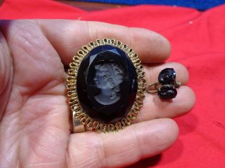 Vintage Cameo Mourning Jewelry Pin Brooch & Earrings