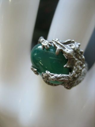 Vintage Sterling Silver Dragon Green Stone Ring Size 6.  25