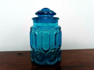 L E Smith Canister Glass Moon & Stars Blue With Lid 9 1/4 " Vintage
