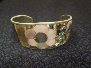Vintage Abalone & Mother Of Pearl Sterling Silver Flower Inlay Cuff Bracelet